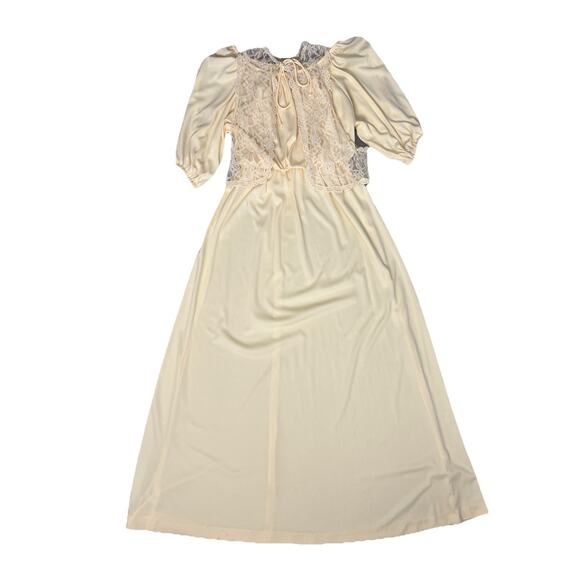 Vintage 70s Empire Waist Boho Hippie Yellow Maxi Dress Lace Vest Size Small - Picture 2 of 7